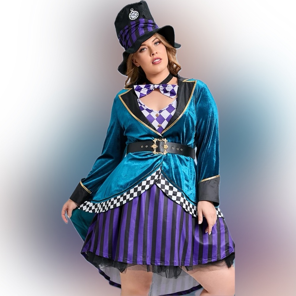 Plus Size Halloween Costumes Stripe Print Mad Bow Tie Mini Dress